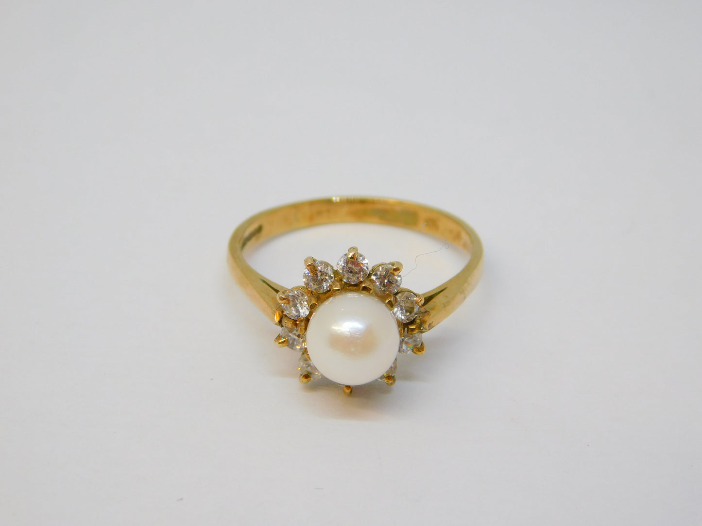 9ct Yellow Gold, Spinel & Pearl Set Floral Cluster Ring Vintage 1998 London