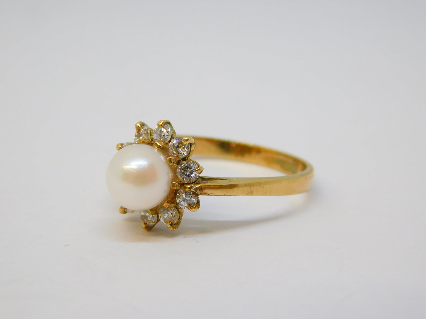 9ct Yellow Gold, Spinel & Pearl Set Floral Cluster Ring Vintage 1998 London