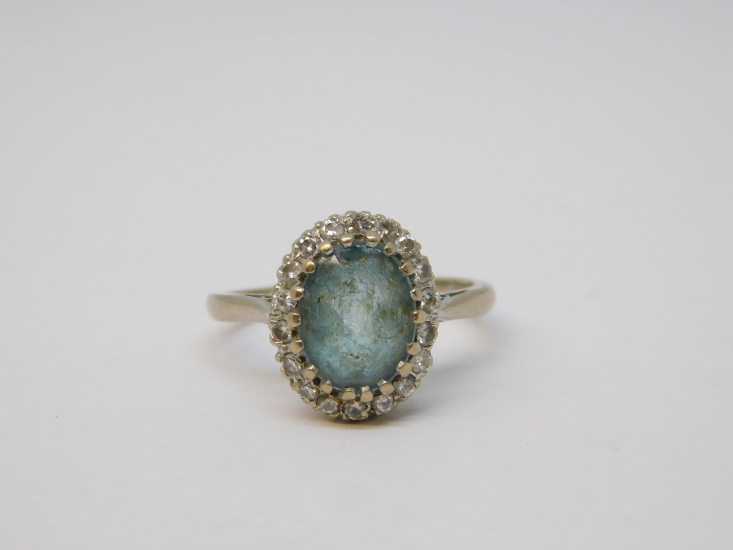 18ct White Gold, Blue Aquamarine & Diamond Cluster Ring Vintage 1962 London
