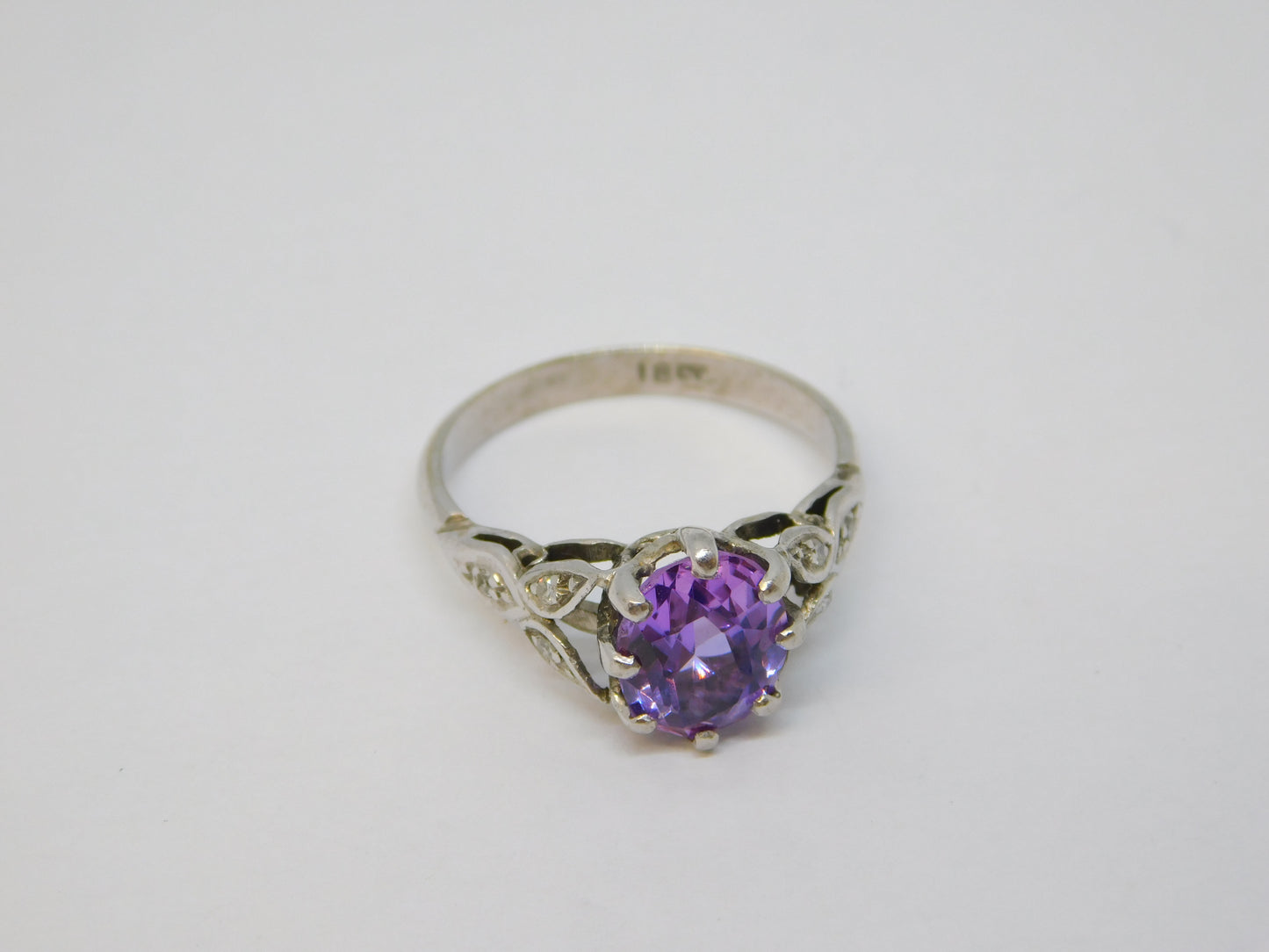 18ct White Gold, Oval Cut Amethyst & Diamond Floral Dress Ring Vintage c1970