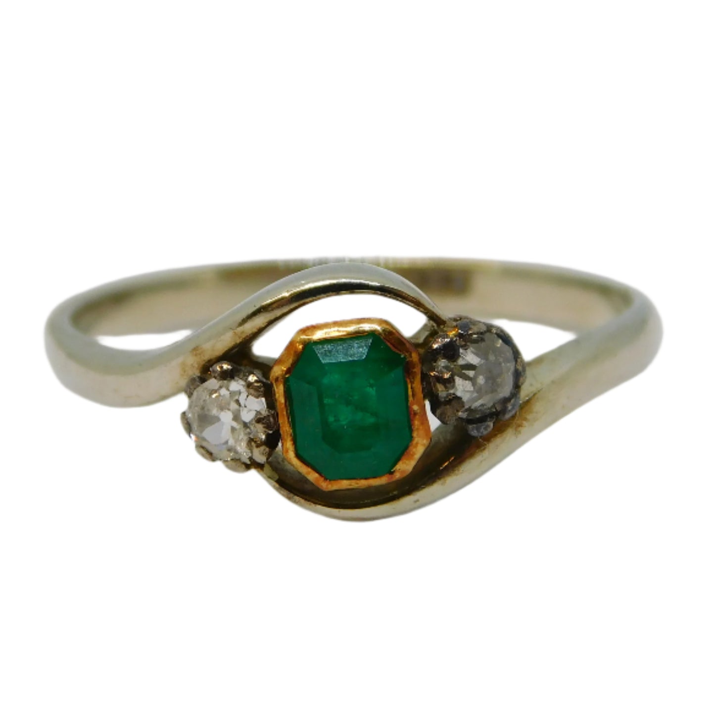 18ct Two-Tone Gold, 0.25ct Emerald & Diamond Crossover Ring Antique c1910