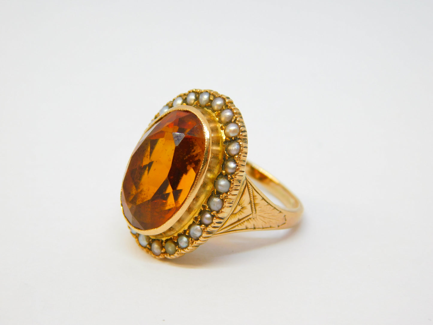 19th Century 14ct Yellow Gold, Citrine & Seed Pearl Signet Ring Antique c1880