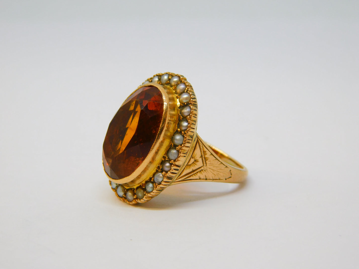 19th Century 14ct Yellow Gold, Citrine & Seed Pearl Signet Ring Antique c1880