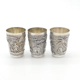 Set Of Three Sterling Silver Oriental Shot Cups Rural Scene Antique c1900