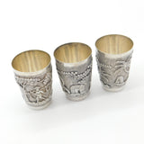 Set Of Three Sterling Silver Oriental Shot Cups Rural Scene Antique c1900