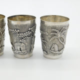 Set Of Three Sterling Silver Oriental Shot Cups Rural Scene Antique c1900