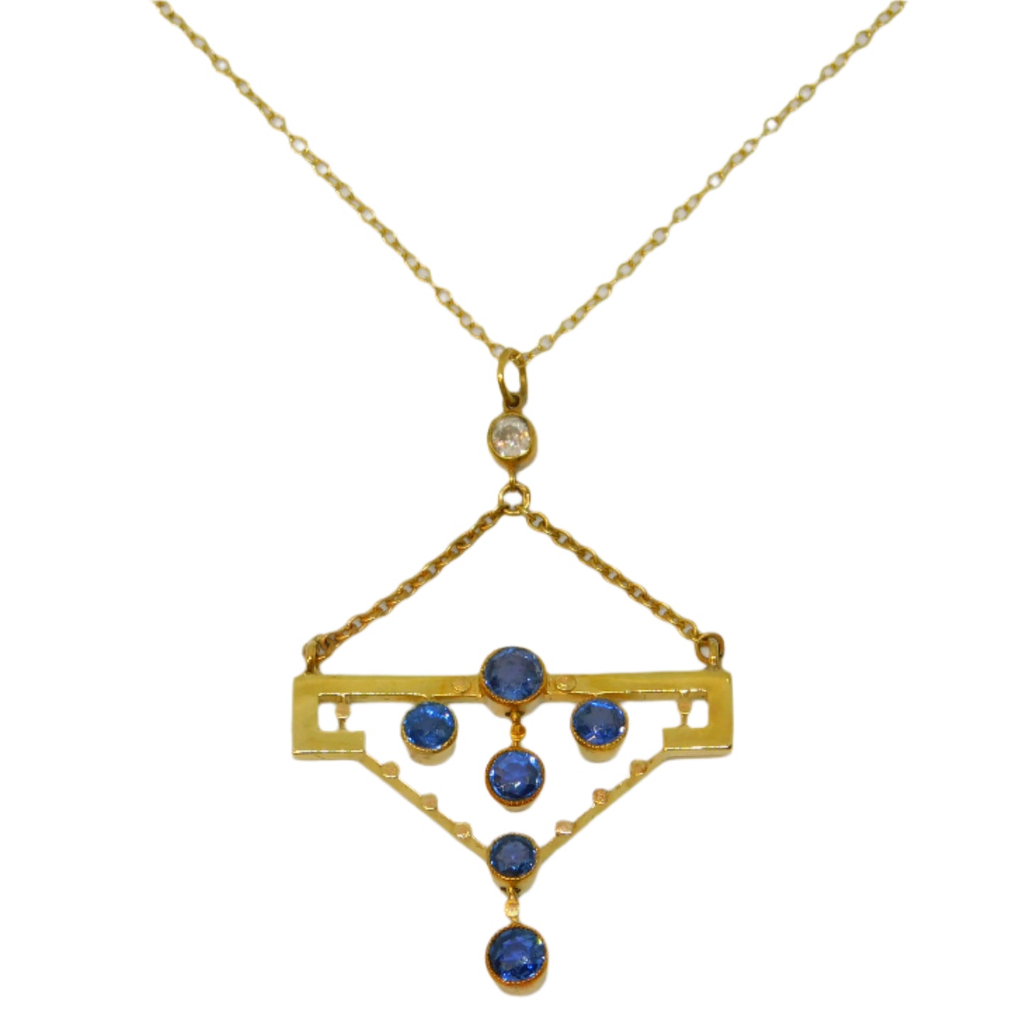Edwardian 15ct Yellow Gold, Sapphire & 0.15ct Diamond Lavalier Necklace Antique c1910
