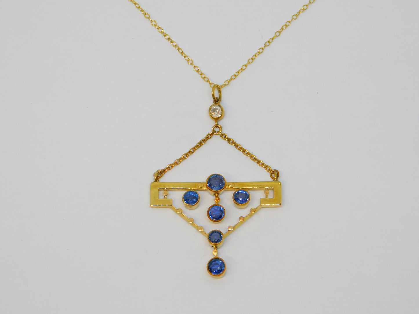Edwardian 15ct Yellow Gold, Sapphire & 0.15ct Diamond Lavalier Necklace Antique c1910
