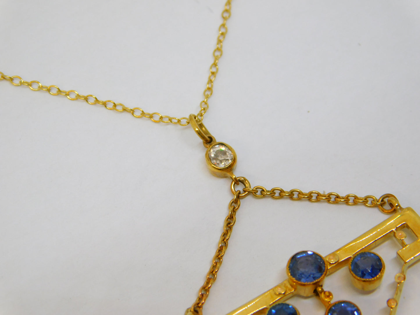 Edwardian 15ct Yellow Gold, Sapphire & 0.15ct Diamond Lavalier Necklace Antique c1910