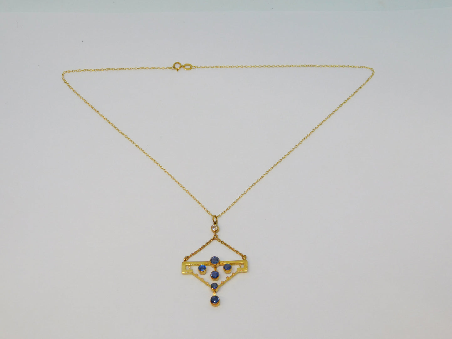 Edwardian 15ct Yellow Gold, Sapphire & 0.15ct Diamond Lavalier Necklace Antique c1910