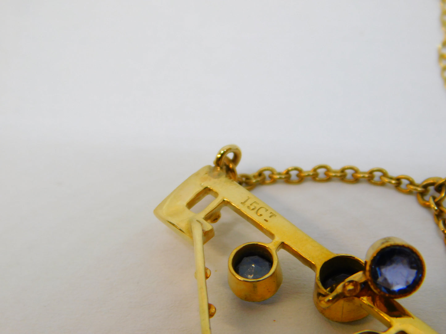 Edwardian 15ct Yellow Gold, Sapphire & 0.15ct Diamond Lavalier Necklace Antique c1910