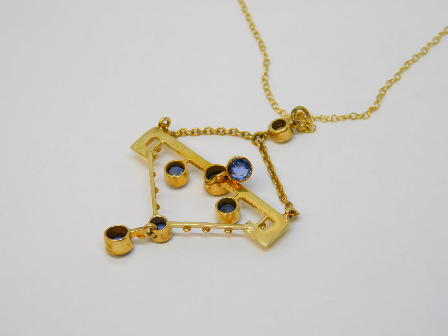 Edwardian 15ct Yellow Gold, Sapphire & 0.15ct Diamond Lavalier Necklace Antique c1910