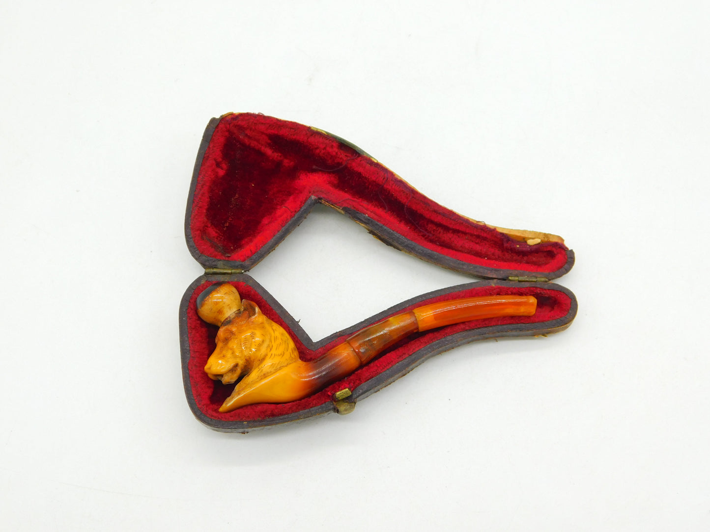 Boxed 19th Century Meerschaum Block Amber Panther Smoking Pipe Antique c1880