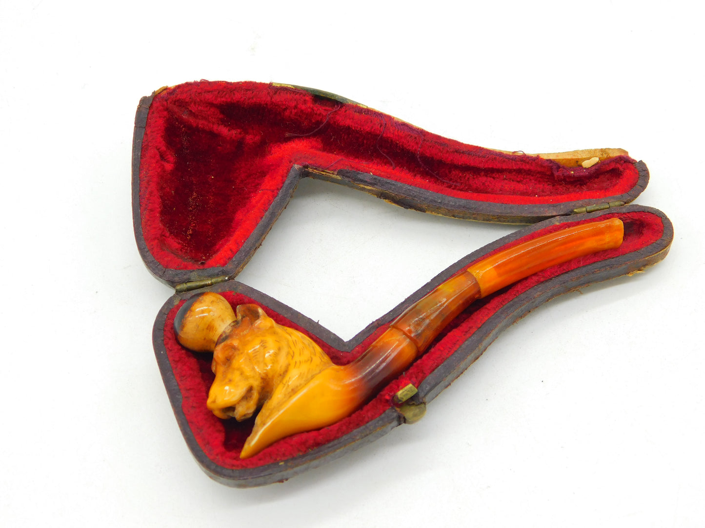 Boxed 19th Century Meerschaum Block Amber Panther Smoking Pipe Antique c1880