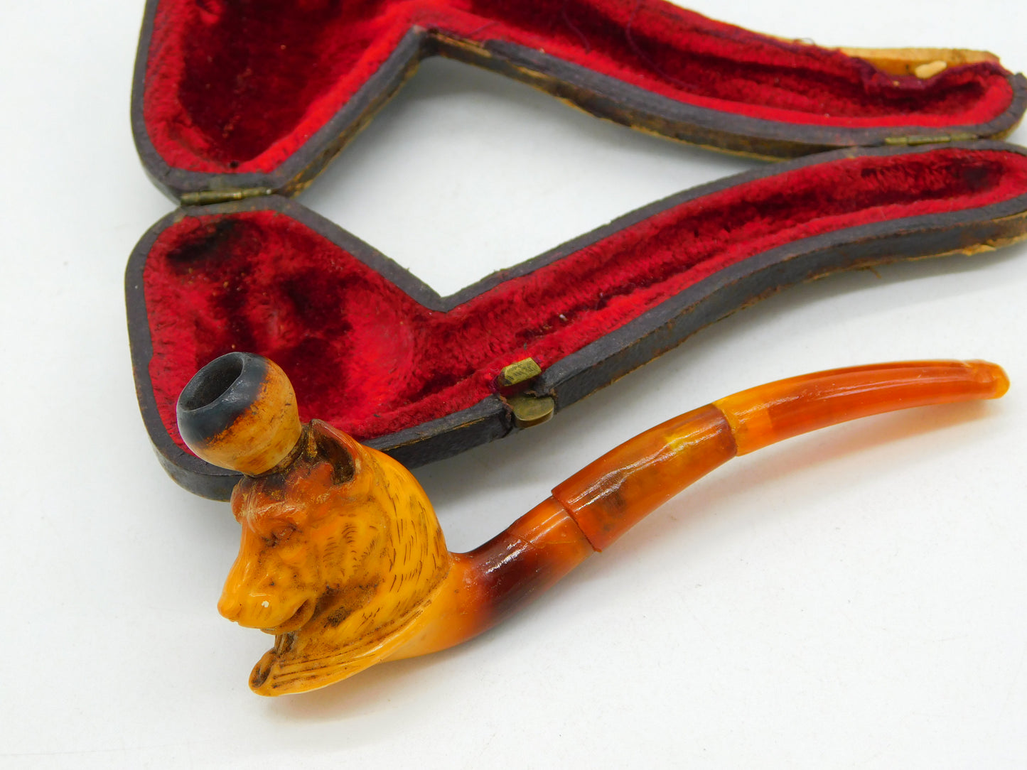 Boxed 19th Century Meerschaum Block Amber Panther Smoking Pipe Antique c1880