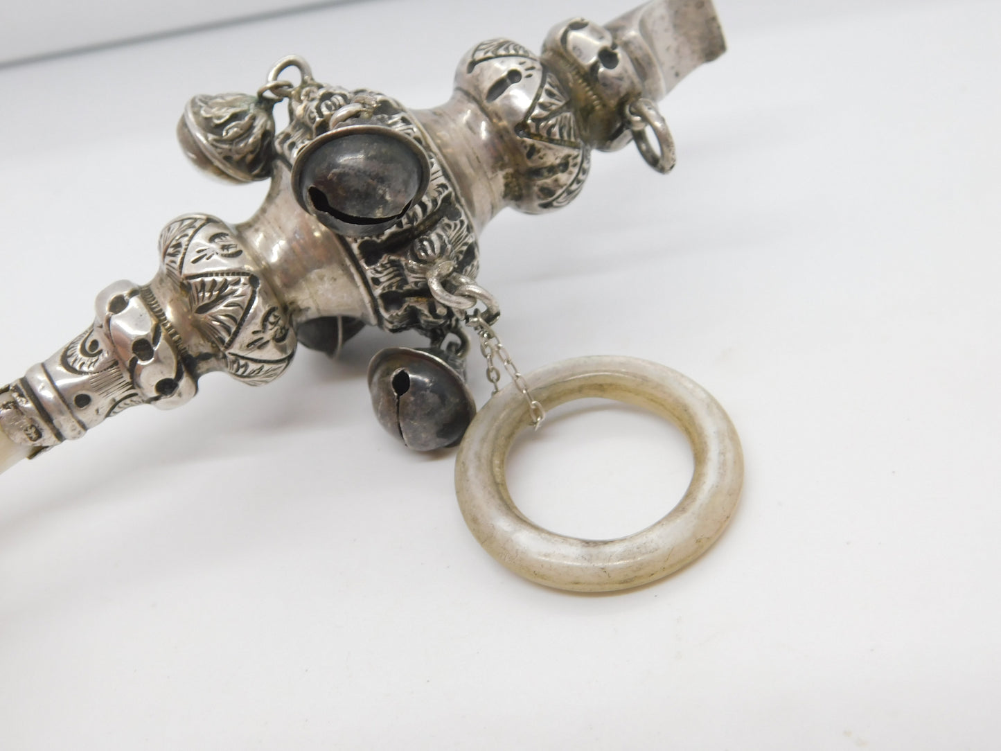 Victorian Sterling Silver Baby Rattle, Whistle & Teether Antique 1894 Birmingham