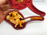 Victorian Cased Meerschaum, Silver & Block Amber Cherub Pipe Antique c1860
