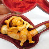Victorian Cased Meerschaum, Silver & Block Amber Cherub Pipe Antique c1860