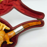 Victorian Cased Meerschaum, Silver & Block Amber Cherub Pipe Antique c1860