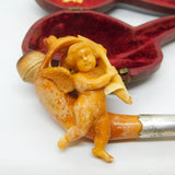 Victorian Cased Meerschaum, Silver & Block Amber Cherub Pipe Antique c1860