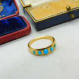 18ct Yellow Gold & Five Stone Turquoise Set Band Ring Vintage c1980 Handmade