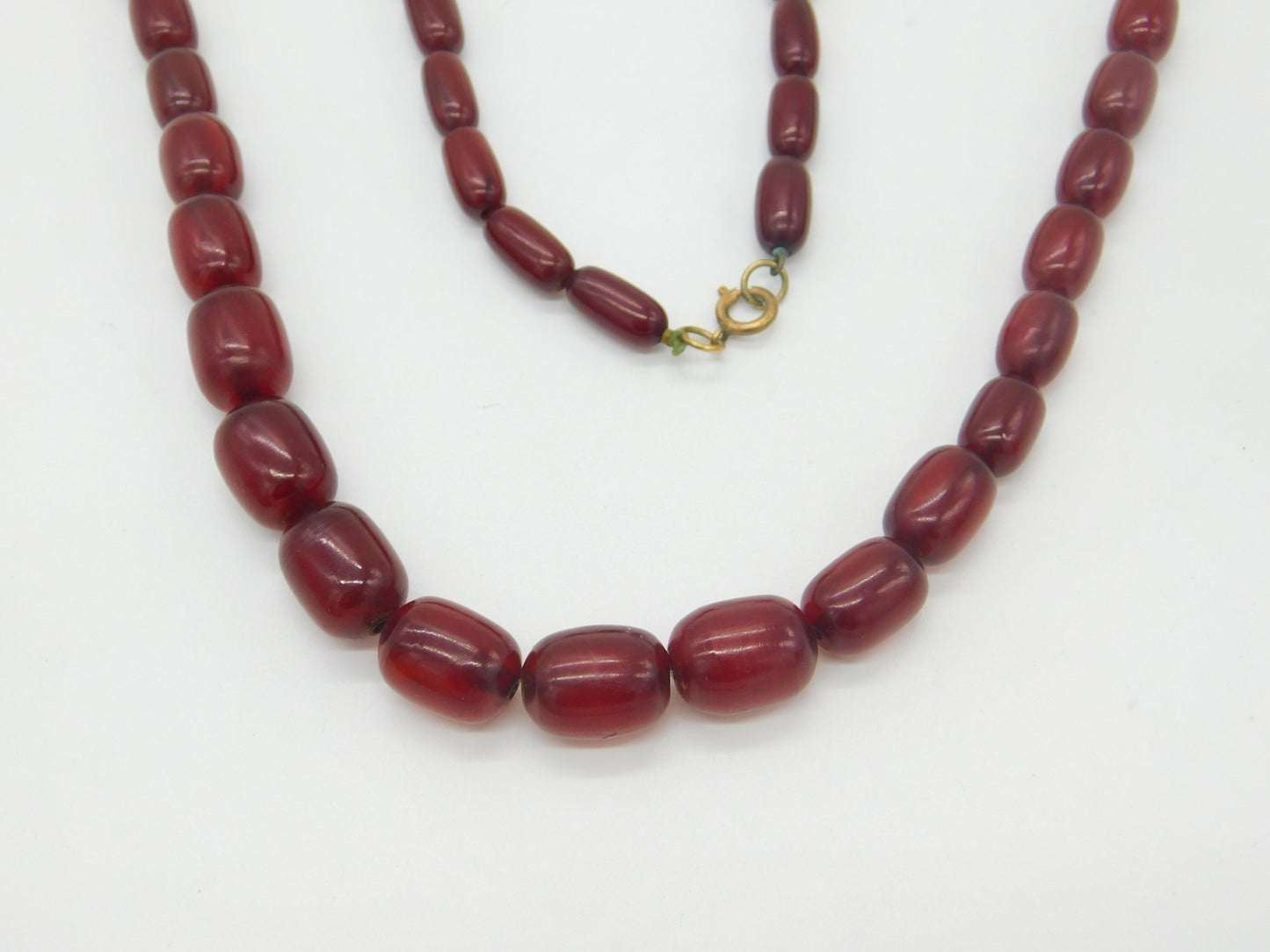 Graduating Barrel Cherry Amber Bakelite Bead Necklace Antique Art Deco c1920
