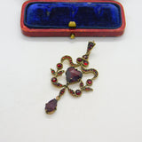 Victorian Austrian 9ct Gold & Bohemian Garnet Floral Heart Drop Lavalier Pendant