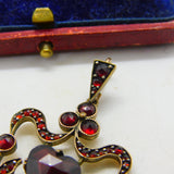 Victorian Austrian 9ct Gold & Bohemian Garnet Floral Heart Drop Lavalier Pendant