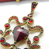 Victorian Austrian 9ct Gold & Bohemian Garnet Floral Heart Drop Lavalier Pendant