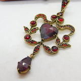 Victorian Austrian 9ct Gold & Bohemian Garnet Floral Heart Drop Lavalier Pendant