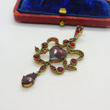 Victorian Austrian 9ct Gold & Bohemian Garnet Floral Heart Drop Lavalier Pendant