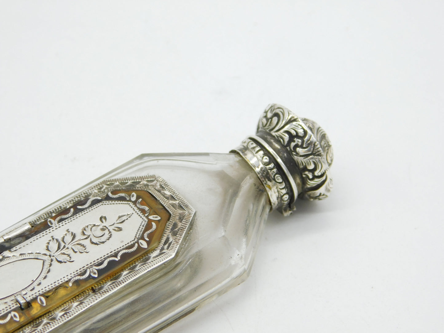 French 18th Century Sterling Silver, Cut Glass & Enamel Apothecary Potion Bottle Bottle Antique c1760