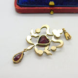 Victorian Austrian 9ct Gold & Bohemian Garnet Floral Heart Drop Lavalier Pendant