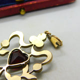 Victorian Austrian 9ct Gold & Bohemian Garnet Floral Heart Drop Lavalier Pendant
