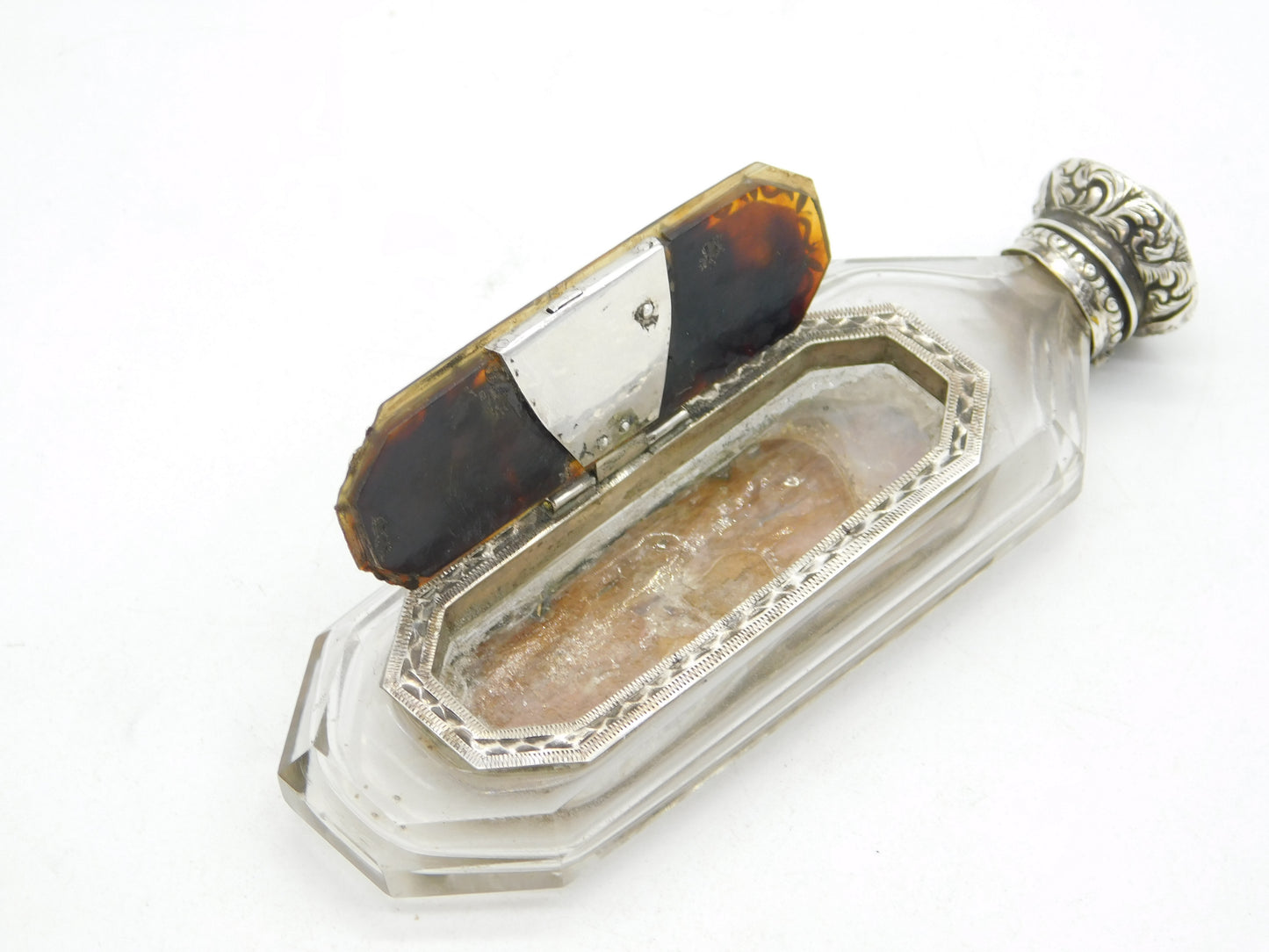 French 18th Century Sterling Silver, Cut Glass & Enamel Apothecary Potion Bottle Bottle Antique c1760