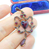 Victorian Austrian 9ct Gold & Bohemian Garnet Floral Heart Drop Lavalier Pendant