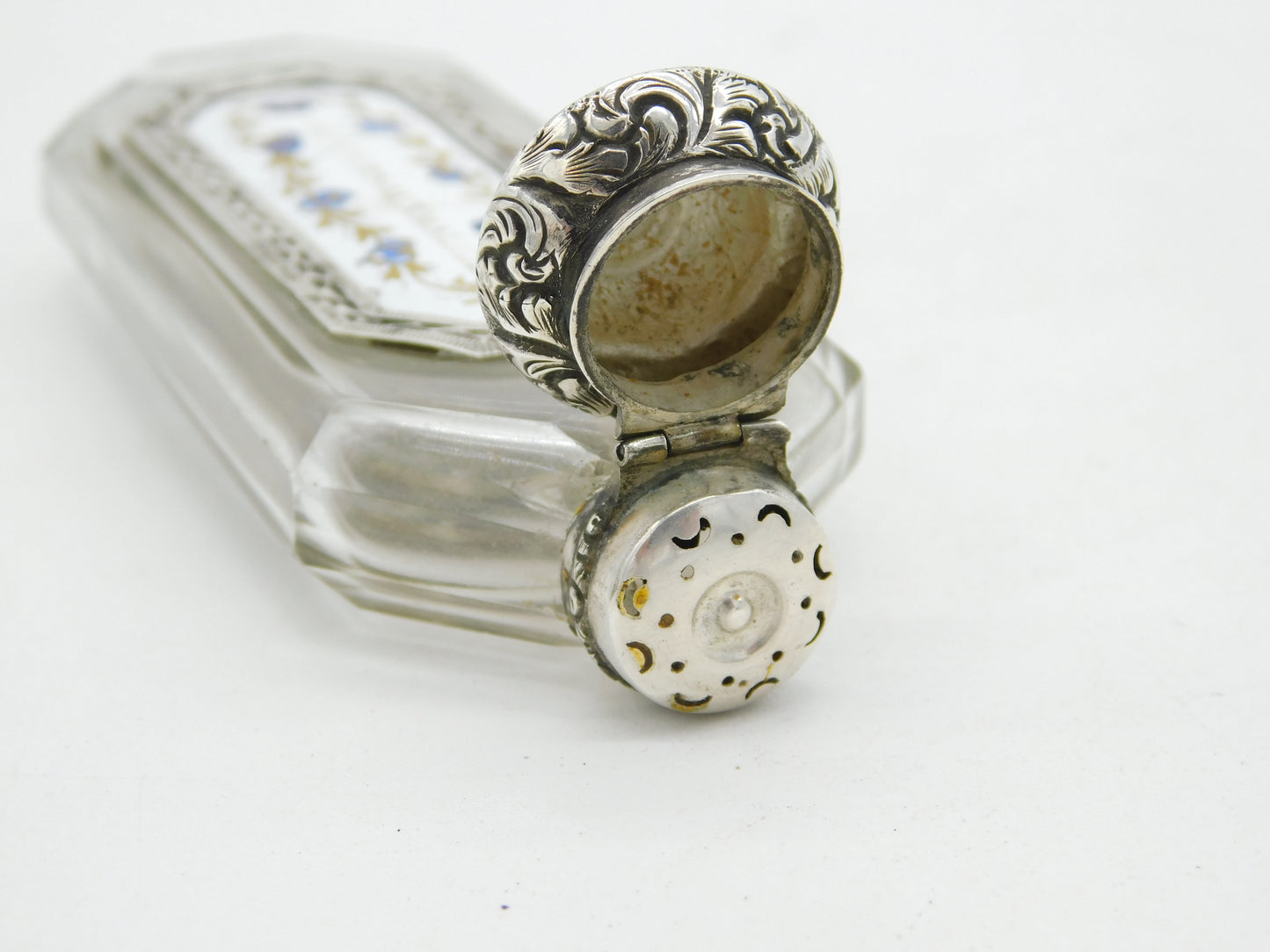 French 18th Century Sterling Silver, Cut Glass & Enamel Apothecary Potion Bottle Bottle Antique c1760