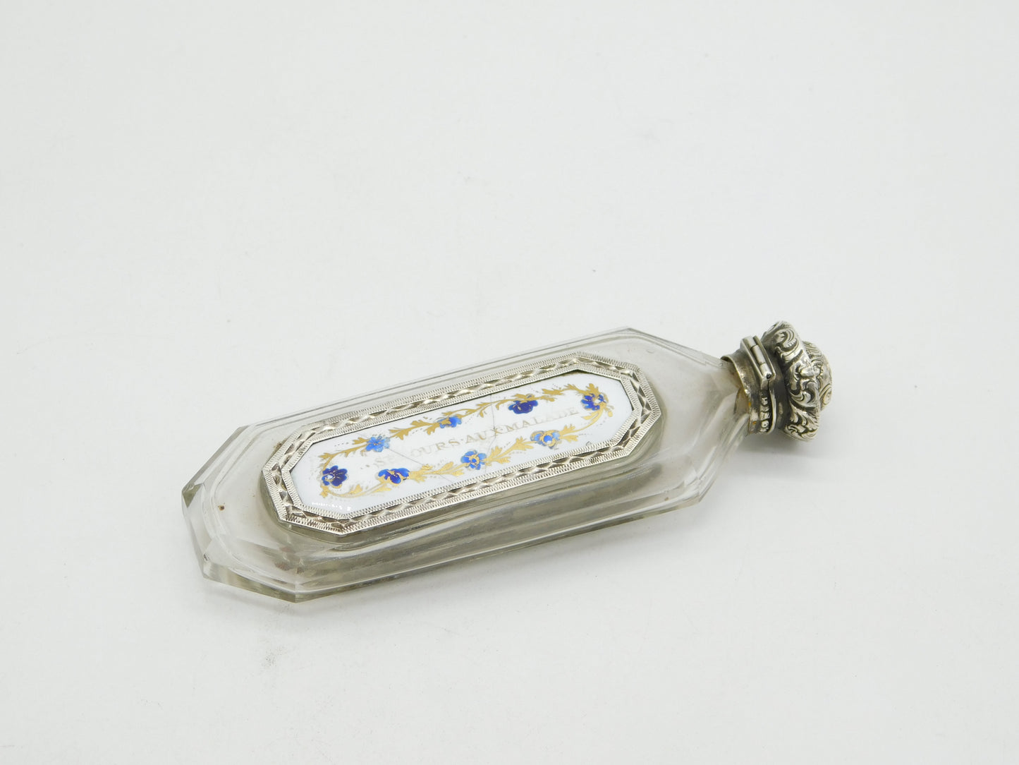 French 18th Century Sterling Silver, Cut Glass & Enamel Apothecary Potion Bottle Bottle Antique c1760