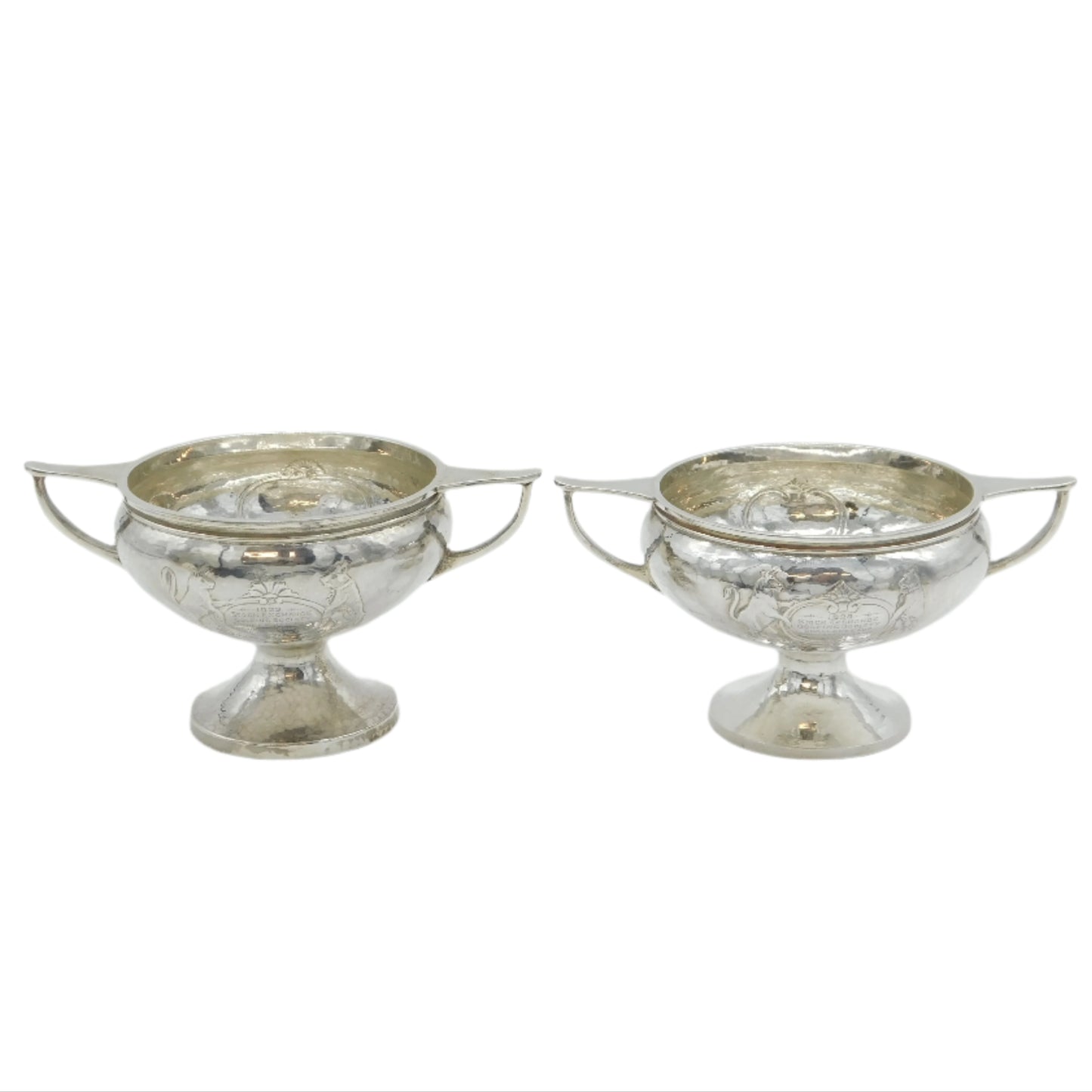 A.E Jones Arts & Crafts Planished Pair of Sterling Silver Trophies Antique 1928 Birmingham