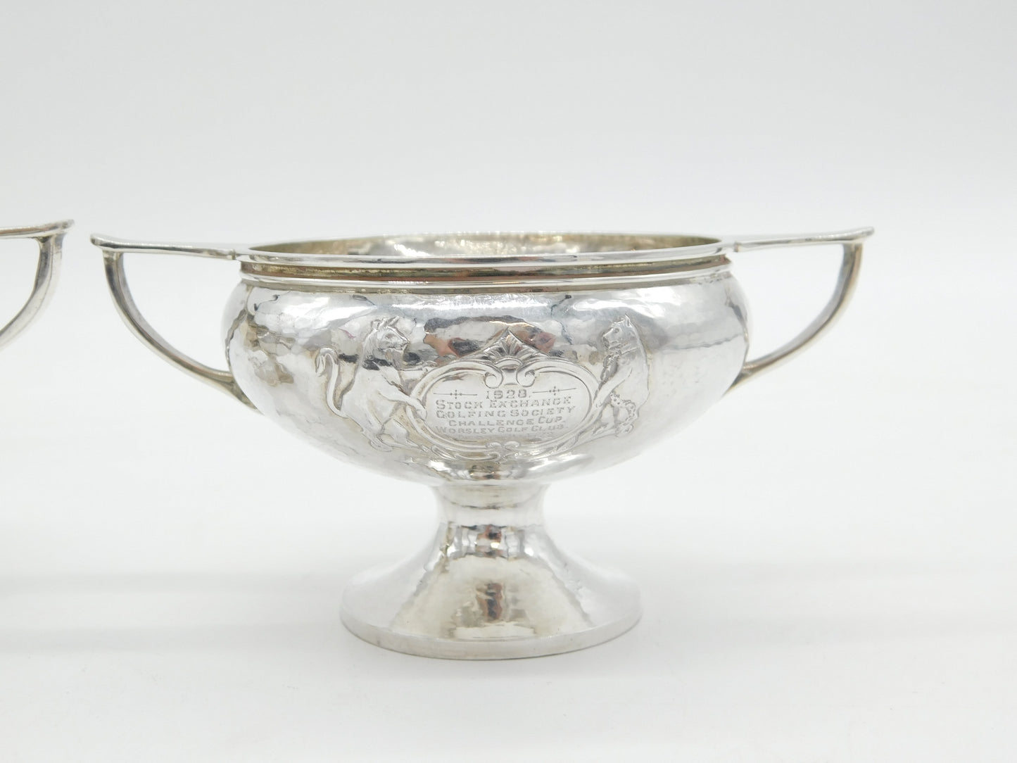 A.E Jones Arts & Crafts Planished Pair of Sterling Silver Trophies Antique 1928 Birmingham