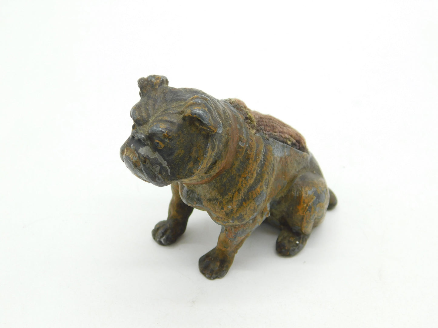 19th Century Cold Painted Spelter Novelty Bulldog Pin Cushion Antique c1860
