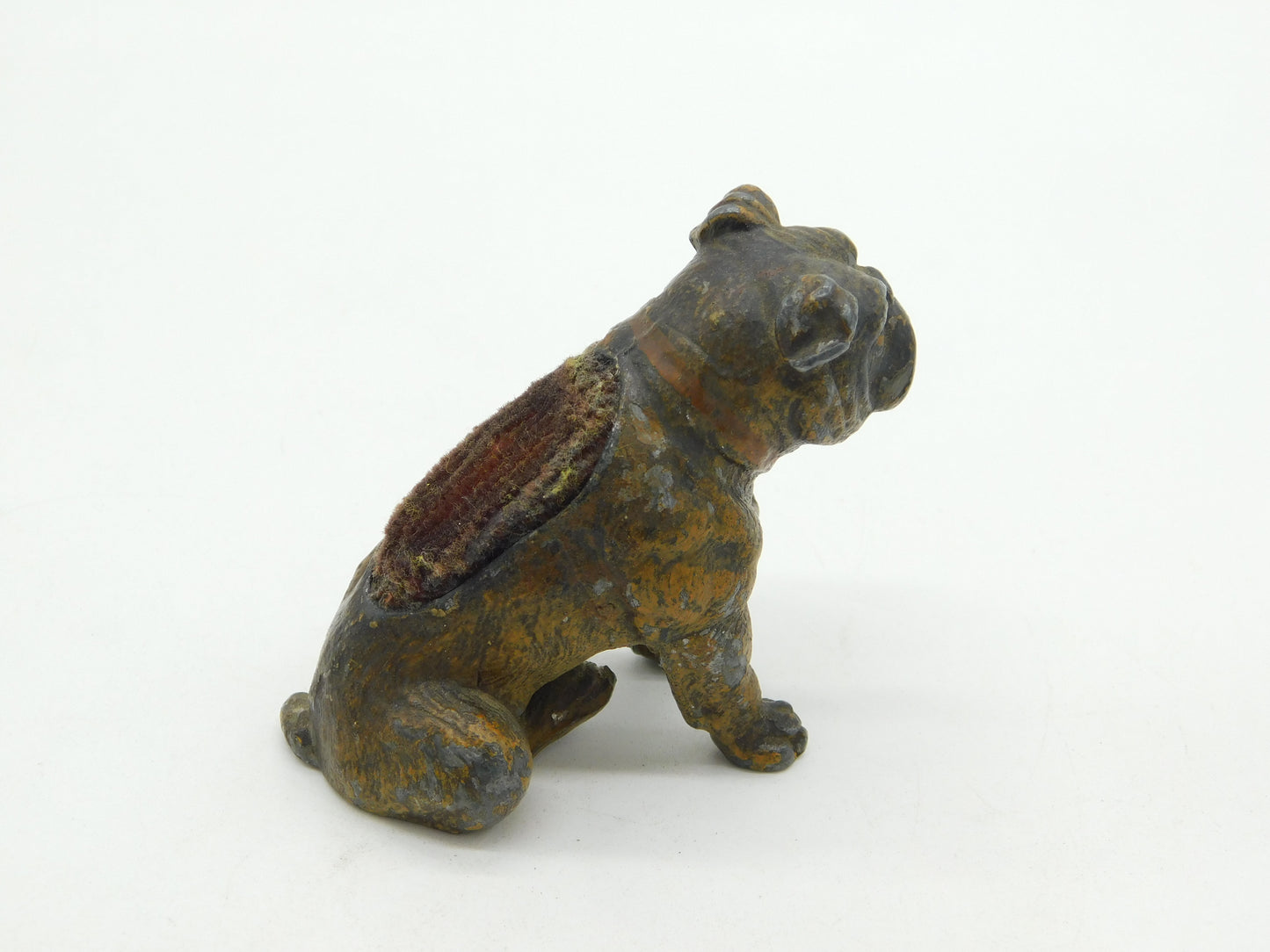 19th Century Cold Painted Spelter Novelty Bulldog Pin Cushion Antique c1860