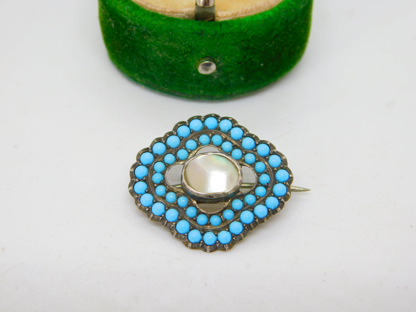 Victorian Sterling Silver, Pave Set Turquoise & Pearl Dress Brooch Antique c1880