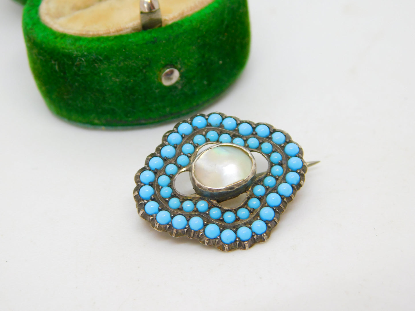 Victorian Sterling Silver, Pave Set Turquoise & Pearl Dress Brooch Antique c1880