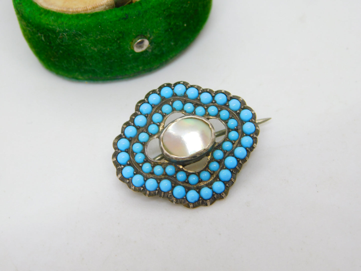Victorian Sterling Silver, Pave Set Turquoise & Pearl Dress Brooch Antique c1880