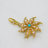 Victorian 15ct Yellow Gold, Seed Pearl & Turquoise Floral Pendant Antique c1890