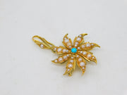 Victorian 15ct Yellow Gold, Seed Pearl & Turquoise Floral Pendant Antique c1890