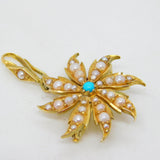 Victorian 15ct Yellow Gold, Seed Pearl & Turquoise Floral Pendant Antique c1890