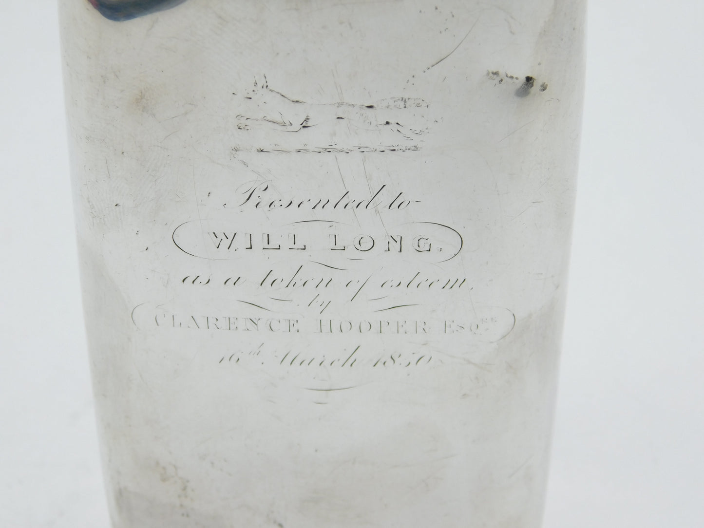 Sterling Silver Beaufort Hunt Hip Flask Belonging to Mr Will Long Antique c1850