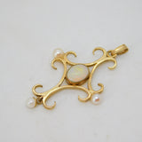 Victorian 9ct Yellow Gold, White Opal & Pearl Cross Pendant Antique c1890